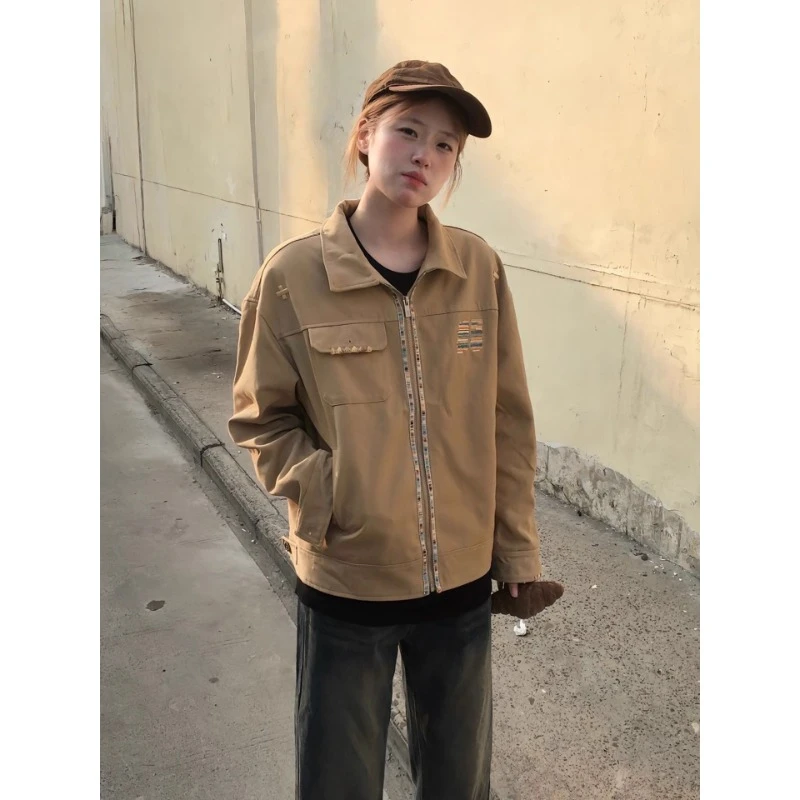 卡其色短款工装外套男款小众高级感飞行夹克设计感美式翻领棒球服