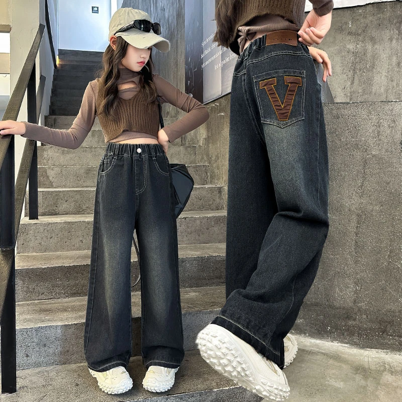 女童阔腿裤春季休闲百搭儿童春秋款裤子中大童春装女孩直筒牛仔裤