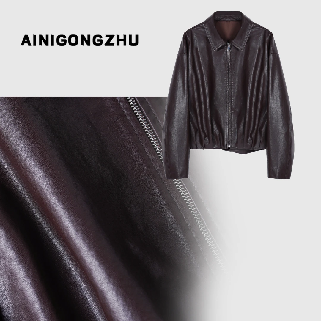 AN艾妮公主2025春季新款女装设计师款极简风真皮绵羊皮皮衣M86570