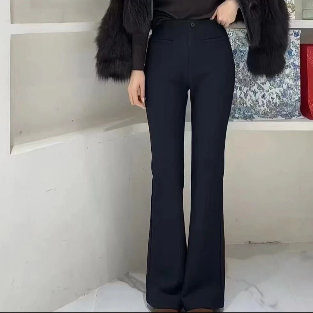 黑色微喇休闲裤女新款加绒加厚高腰直筒裤西装裤辣妹拖地裤572