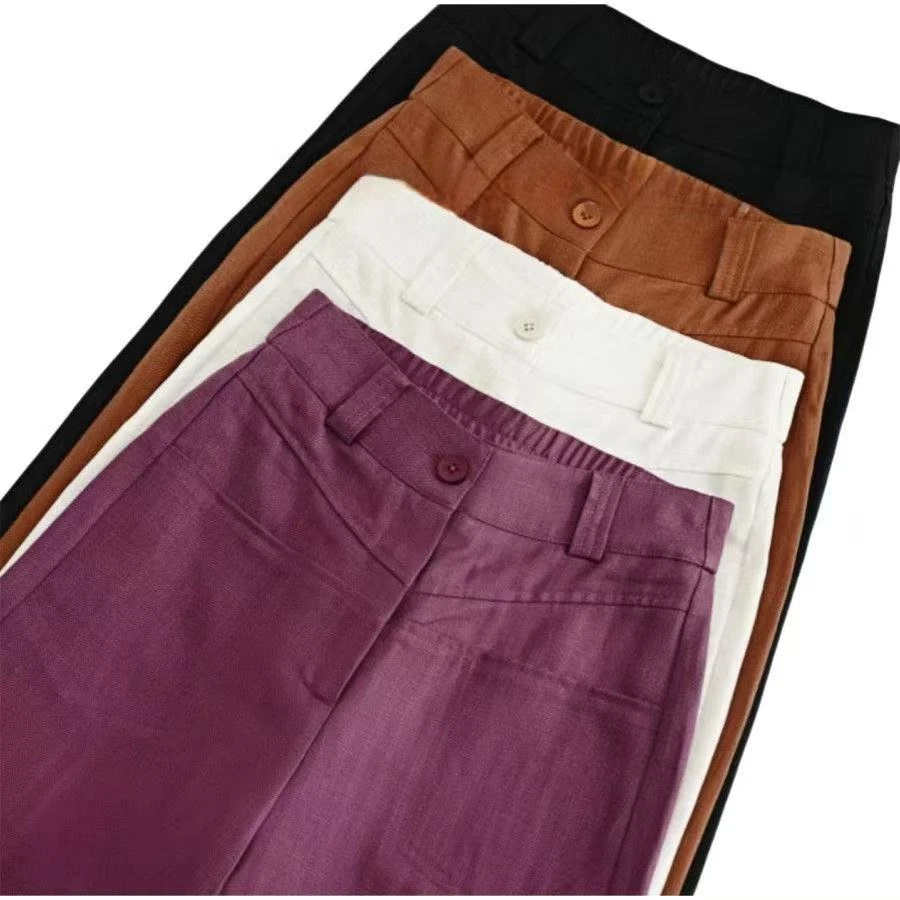 【运险】【乌梅紫】夏季新款亚麻休闲裤阔腿裤子长裤女高腰直筒裤