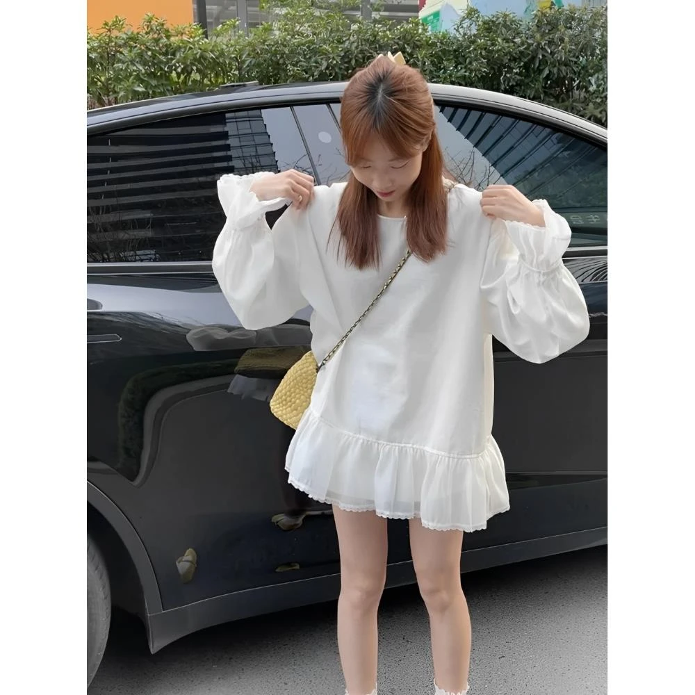 慵懒风气质白色衬衫女2025春夏新款高级感中长款喇叭袖上衣小衫女