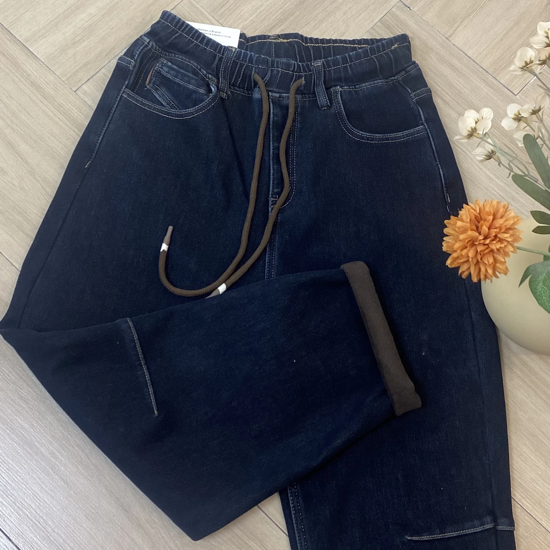 6671-1 蓝灰色松紧加绒微弹牛仔裤