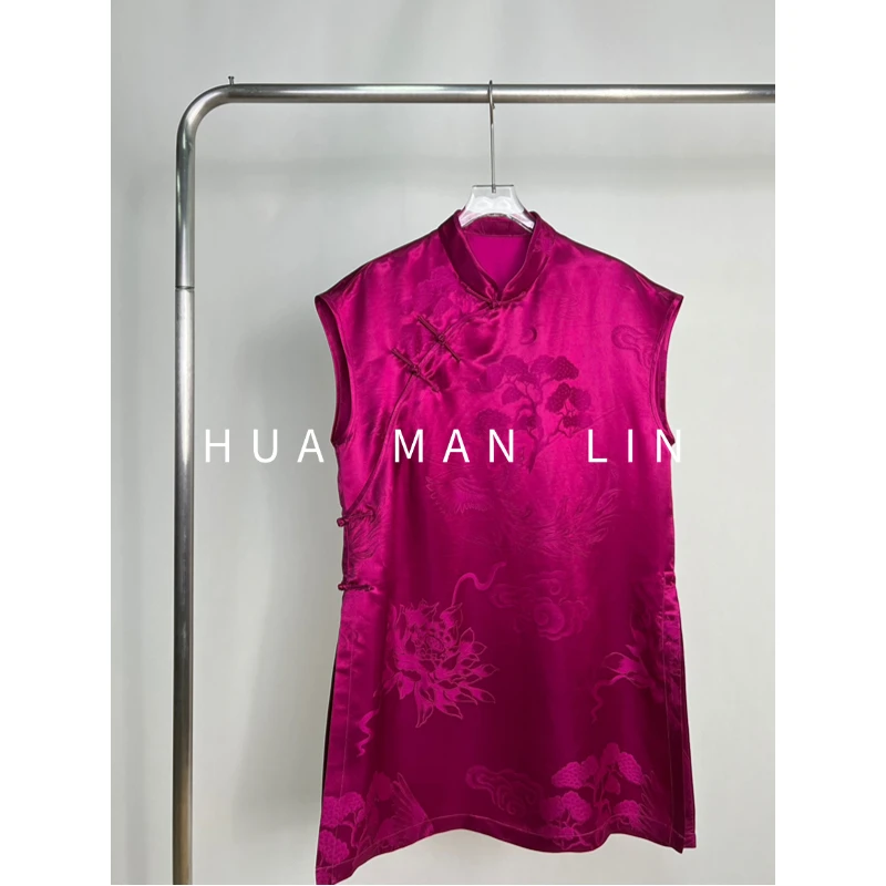 【花滿林】小立领斜襟无袖侧开叉老缎真丝桑蚕丝上衣251371