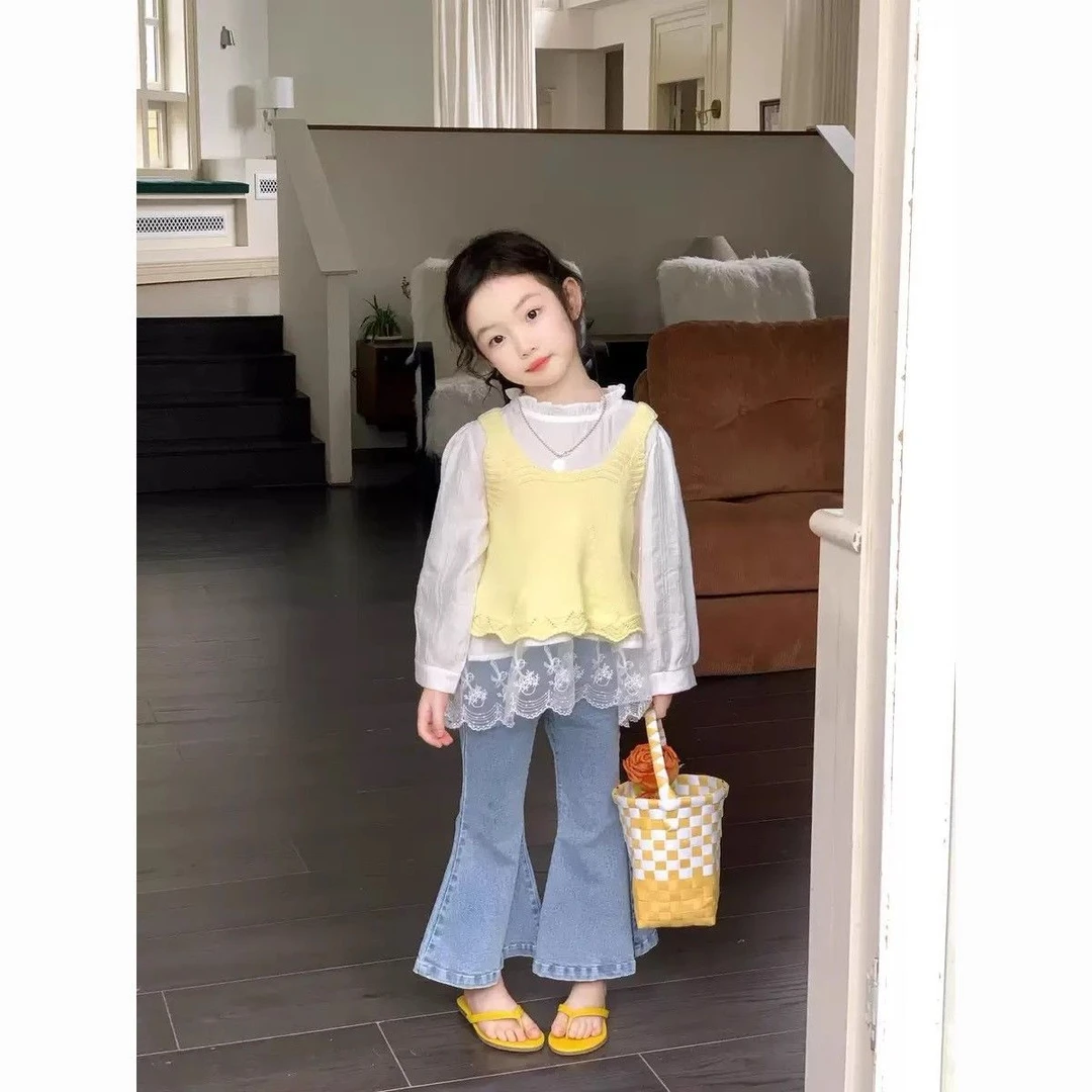 女童蕾丝边款衬衫新款韩系童装毛衣背心针织马甲春套装牛仔裤