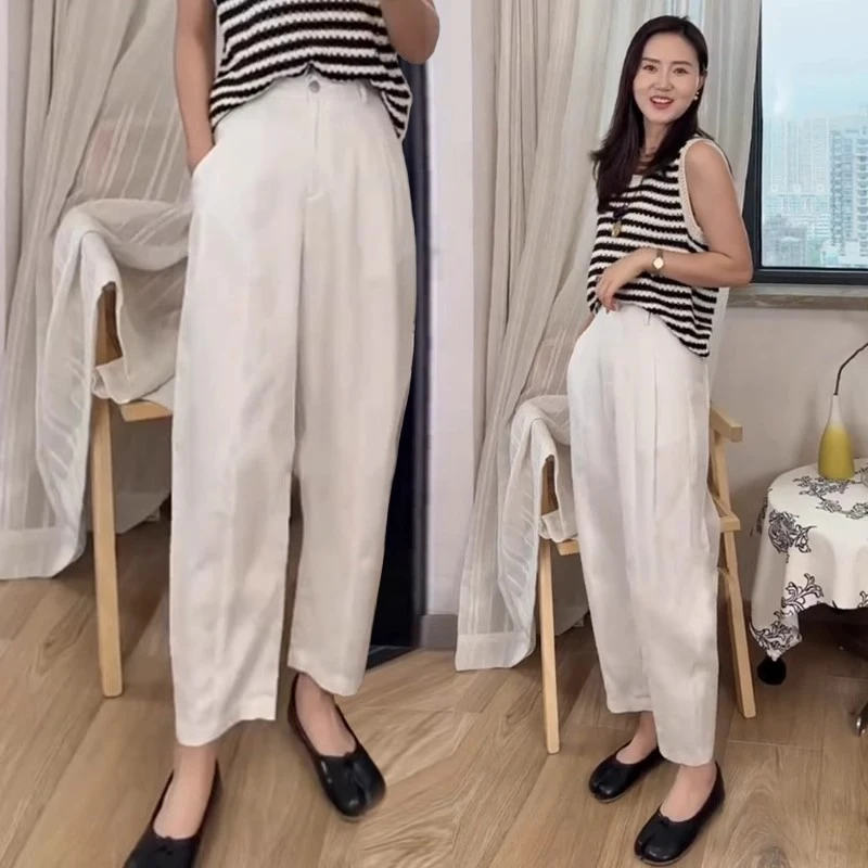 拉夏贝尔肌理感亚麻哈伦裤女2025夏季新款薄款高腰宽松休闲镰刀裤