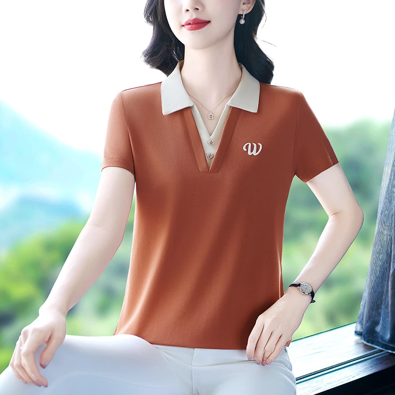 短袖t恤女夏季2025新款中年妈妈大码运动休闲上衣宽松polo衫夏装