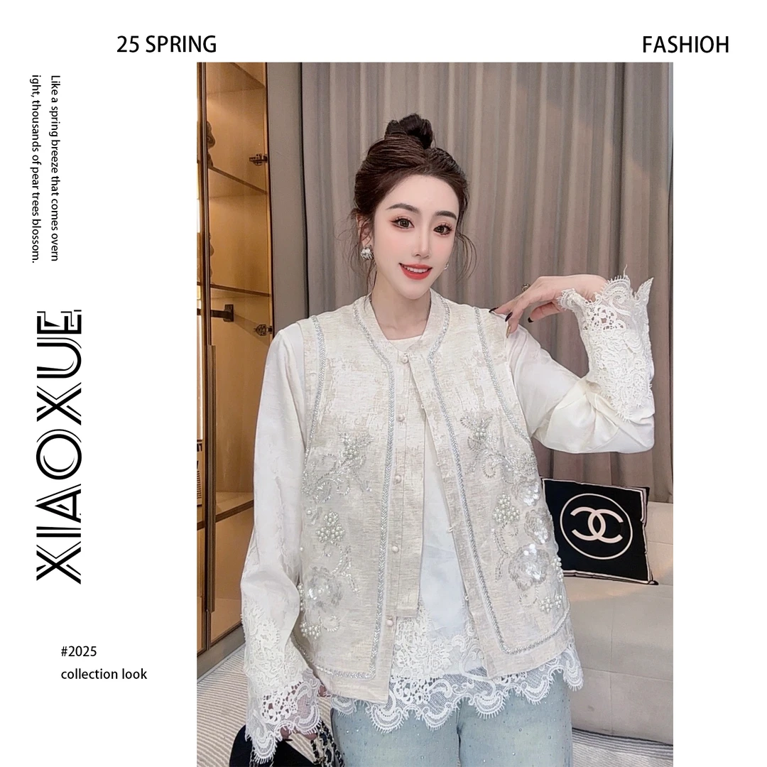 【山茶花~马夹】复古法式拼接绣花秋季设计感时尚镂空提花976