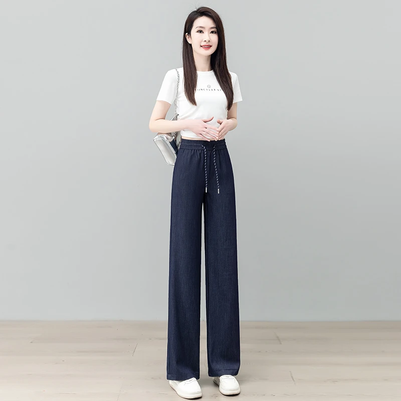 阔腿裤小个子高腰长裤时尚深蓝撞色弹力牛仔裤夏季春秋休闲