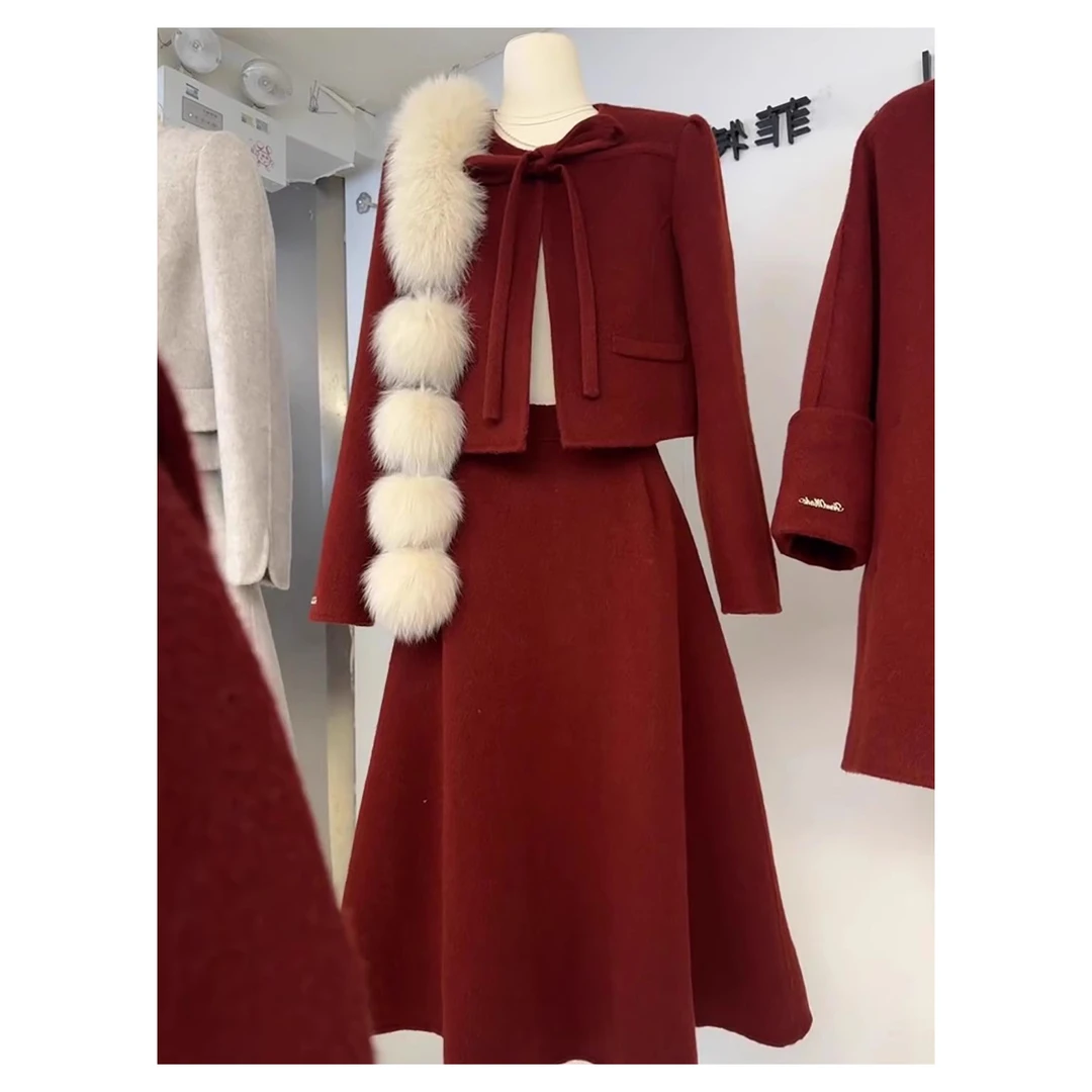 巨好看新年过年战袍红色套装女秋冬小香风外套半身裙敬酒服两件套