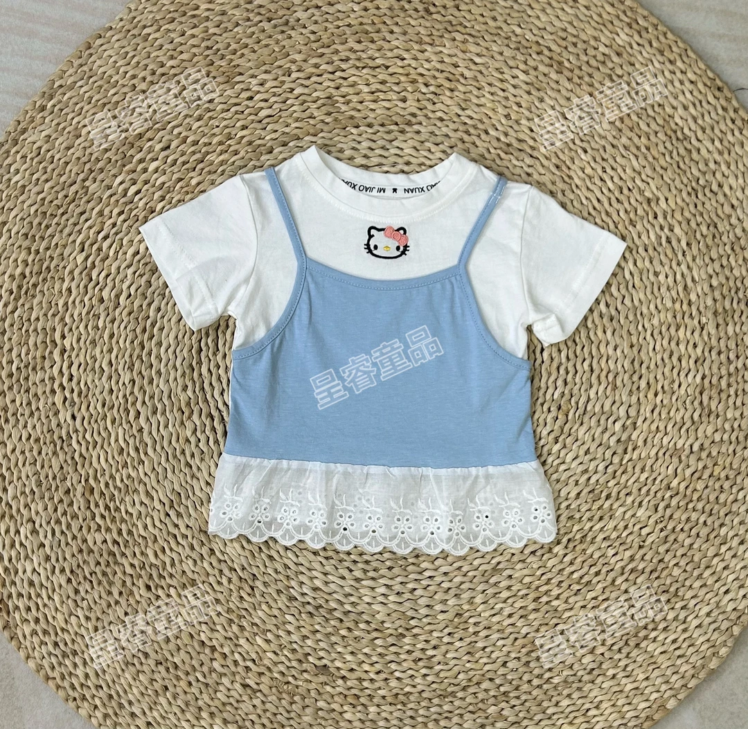 夏季甜美绣花Kitty女童短袖T恤洋气韩版假两件