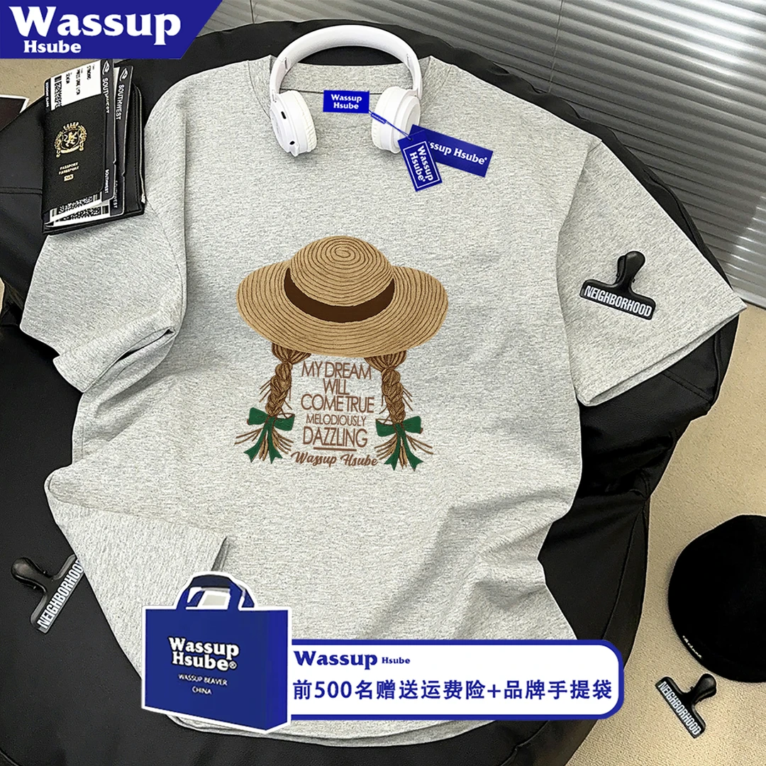 WASSUP HSUBE美式潮流夏季草帽字母印花短袖T恤男女款纯棉时尚