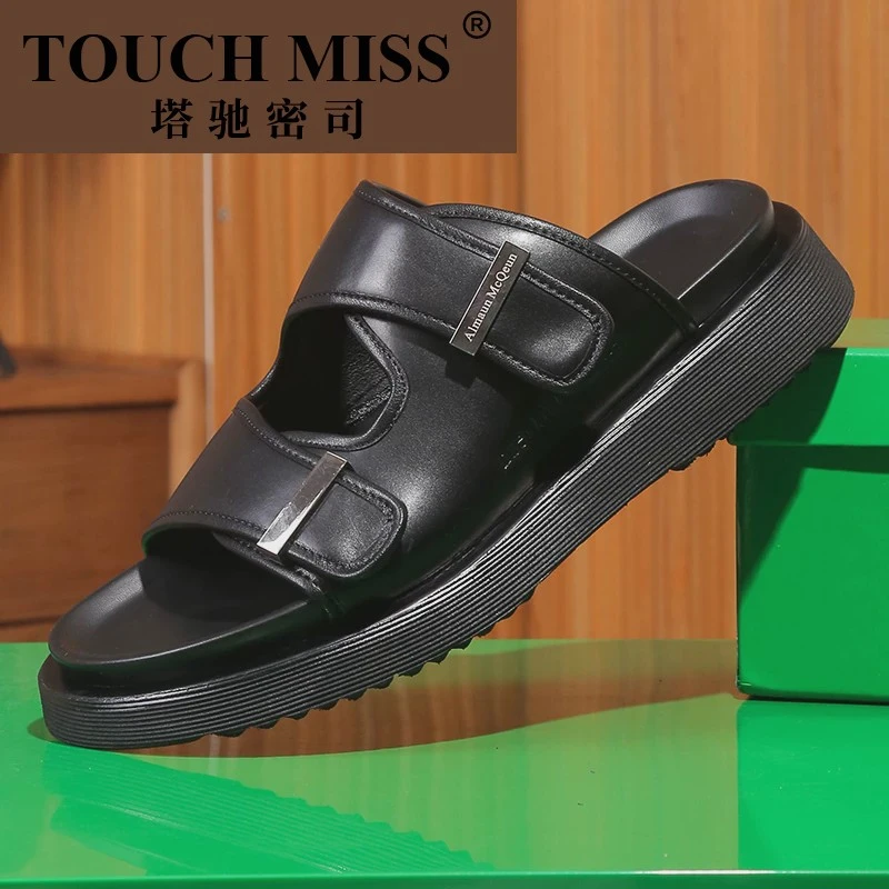 TOUCH MISS麦昆拖鞋男士夏季外穿沙滩真皮凉拖户外厚底魔术贴一字