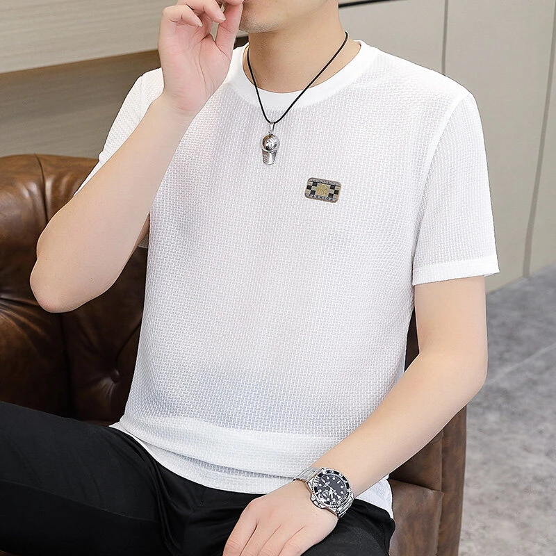 提花圆领冰感t男士短袖透气镂空半袖上衣T恤夏季韩版运动速干