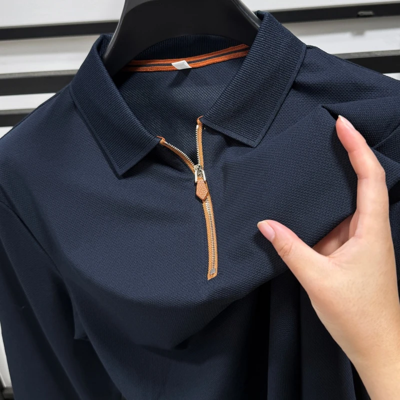 CATIA SELI2025秋装半拉链polo衫男士休闲商务透气蜂窝棉长袖t恤
