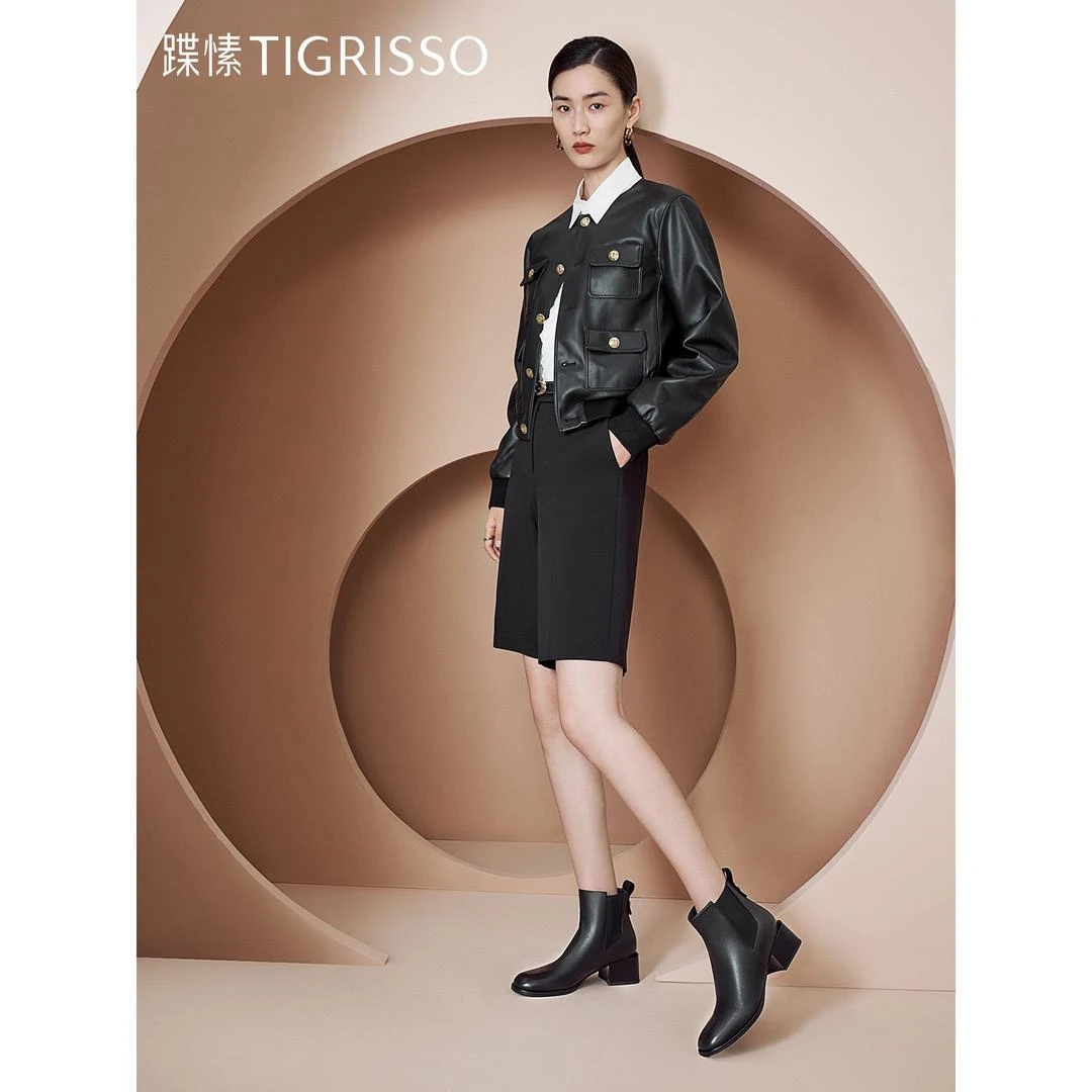 蹀愫光轮系列法式切尔西靴短靴保暖方头中跟女鞋TA32722-15