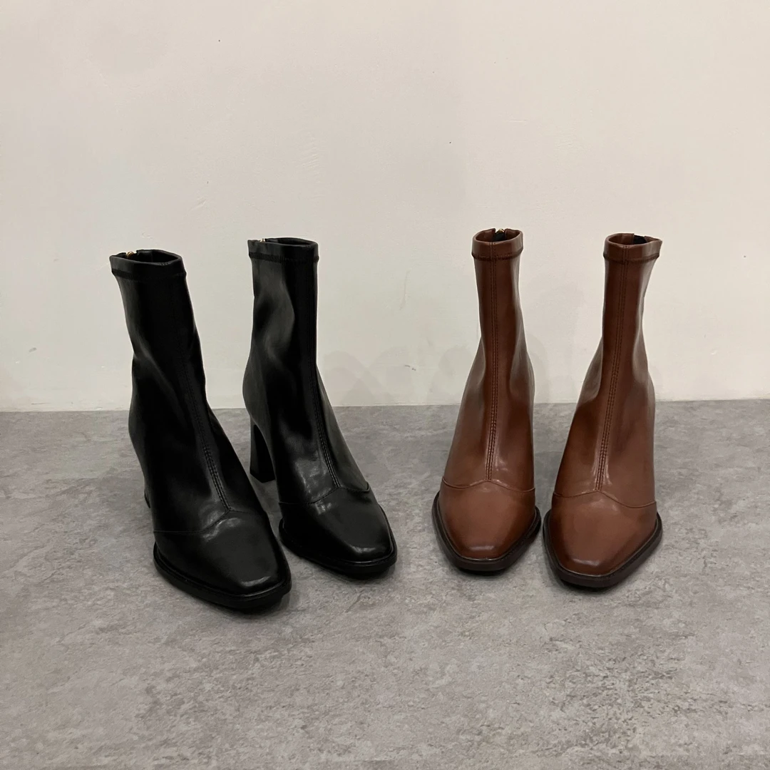 优雅百搭气质小方头粗高跟弹力瘦瘦靴极简风通勤时尚短靴粗跟靴子