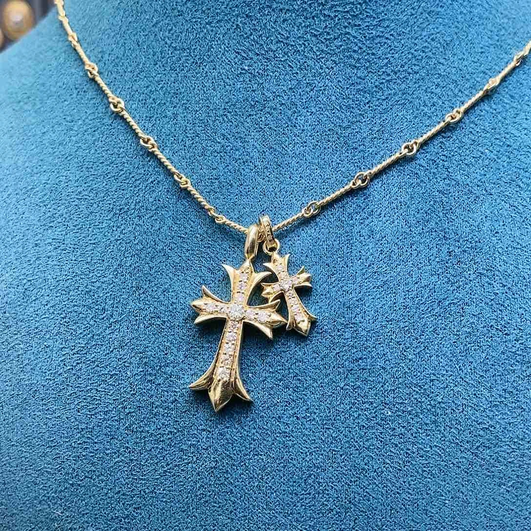 钻石颈饰18K金镶嵌k黄双十字架项链