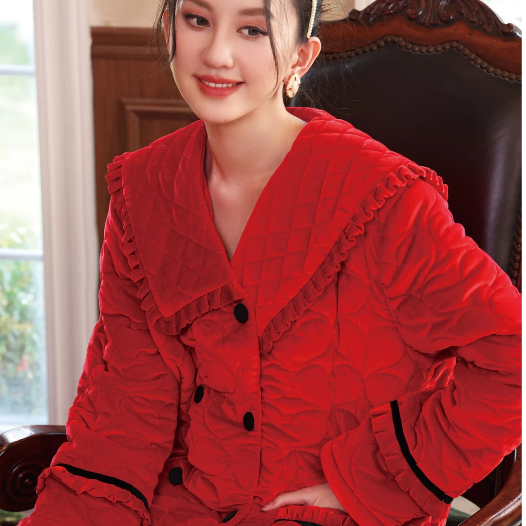 艾黎克斯设计师新年款轻奢三层夹棉加厚轻奢可外穿家居服套装冬款