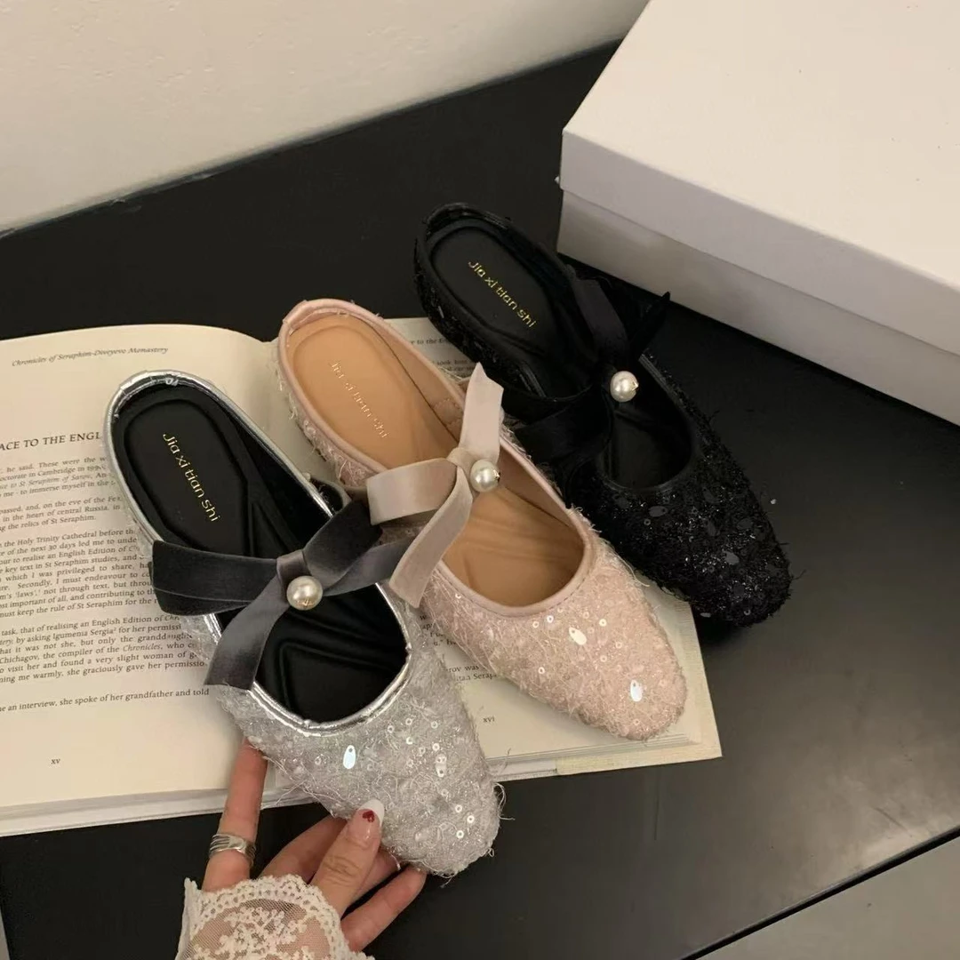 DX.DAXI 03-116欧洲站玛丽珍女鞋亮片蝴蝶结平底外穿包头半拖鞋