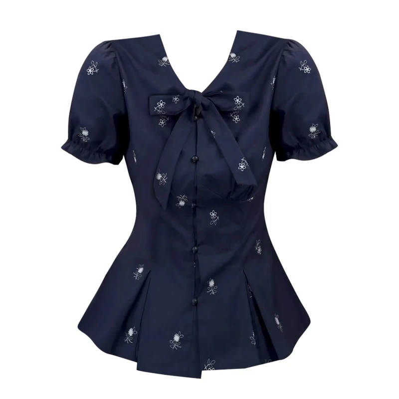 大码胖mm时尚复古蝴蝶结衬衫女夏季收腰显瘦设计感别致泡泡袖上衣
