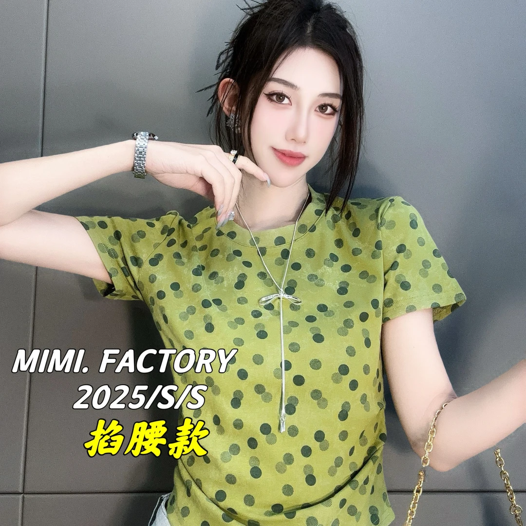 2025新款短袖 收腰时尚波点满印短袖T恤女显瘦百搭上衣4261