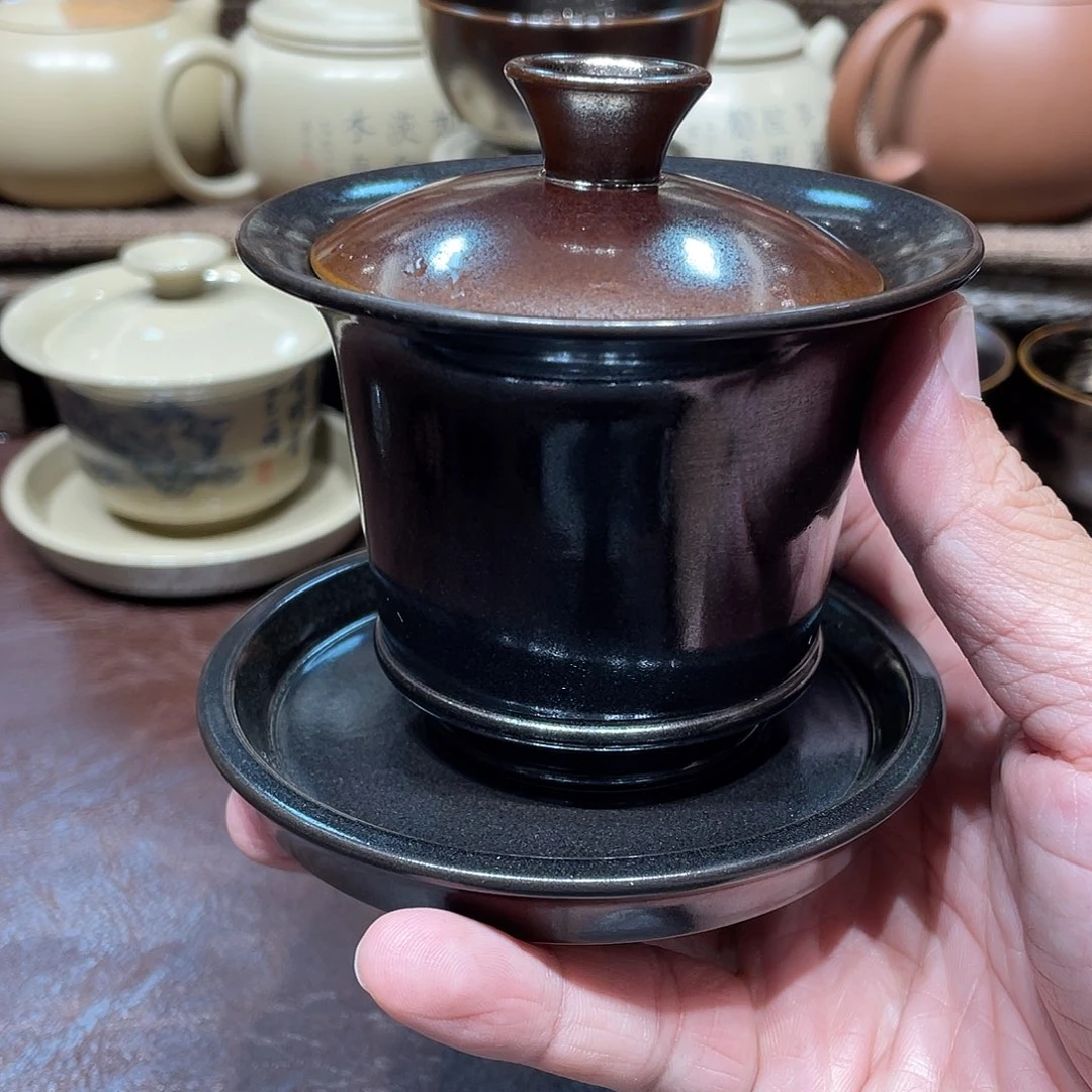 感****泥塑放漏黑加金釉盖碗一个瑕疵130毫升