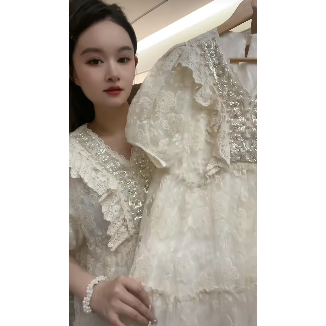【8883-贵妇裙】2025夏季新款韩版重工钉珠刺绣蕾丝V领连衣裙女.