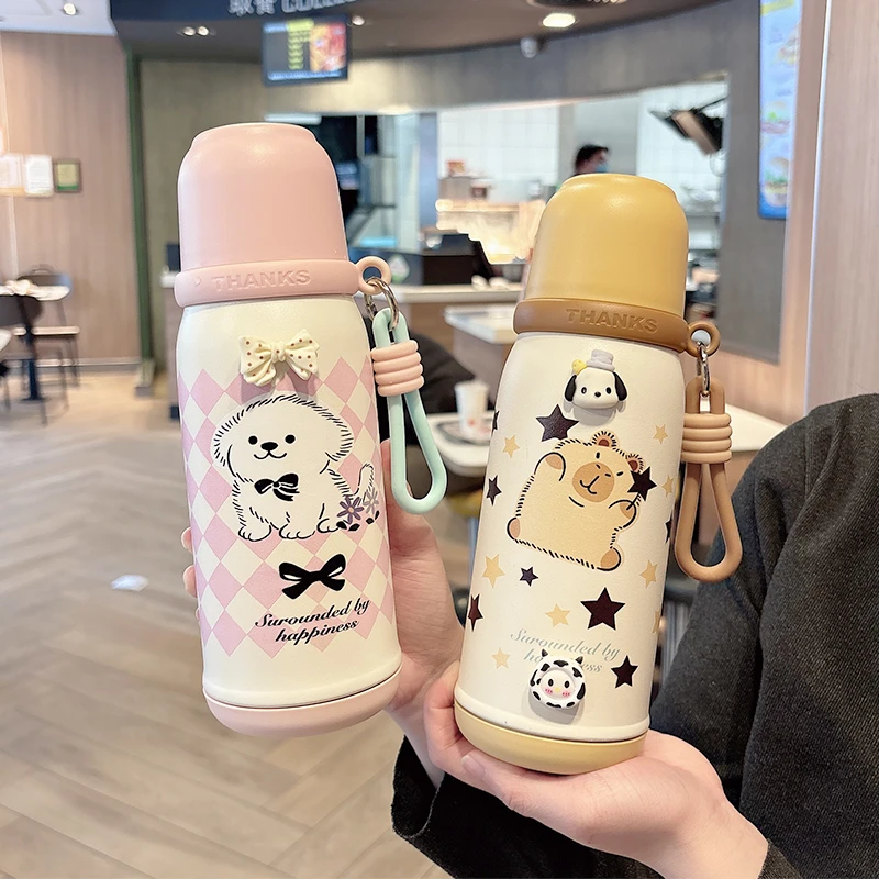 可爱保温杯女生高颜值带盖可喝水泡茶学生双饮杯儿童上学专用水杯