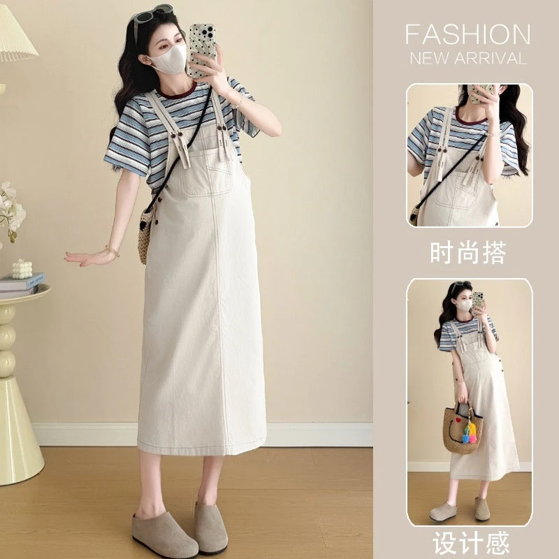 孕妇装2025夏季套装韩版大码多巴胺条纹短袖休闲百搭背带裙两件套