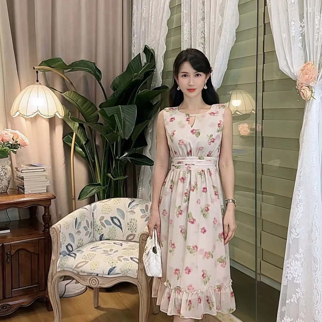 【洛神】 AN097 安妮老板 法式碎花收腰气质甜美显白无袖连衣裙