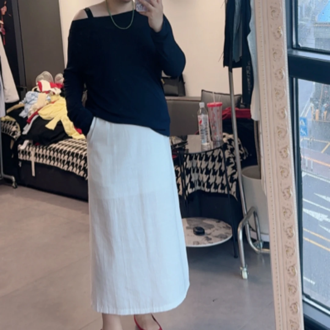 1212简约棉麻后开叉半裙