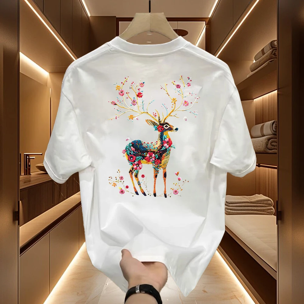 美式痞帅重磅纯棉短袖-梅花鹿 青年男女潮牌宽松百搭圆领上衣