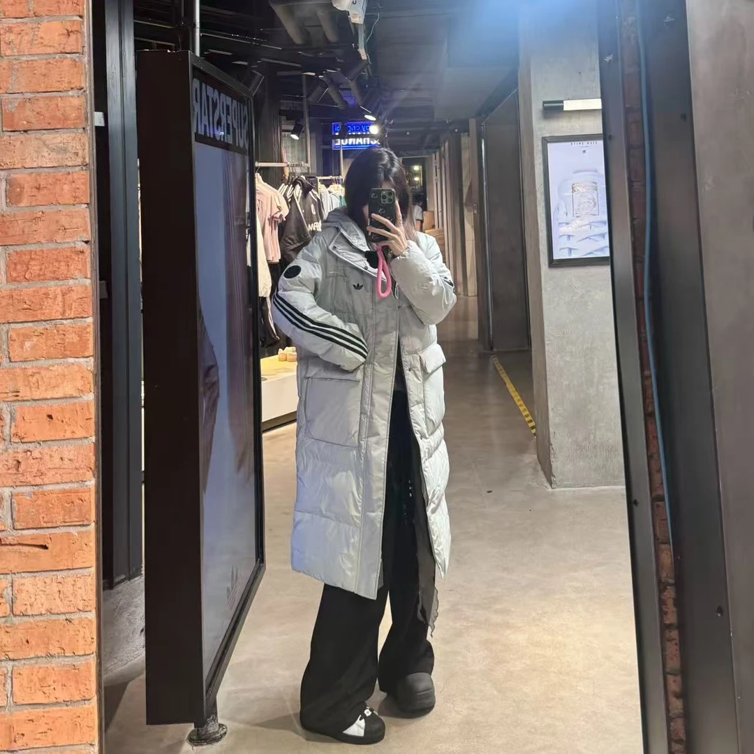 adidas三叶草 暖「芯」科技保暖长款运动鸭绒羽绒服 KC2566