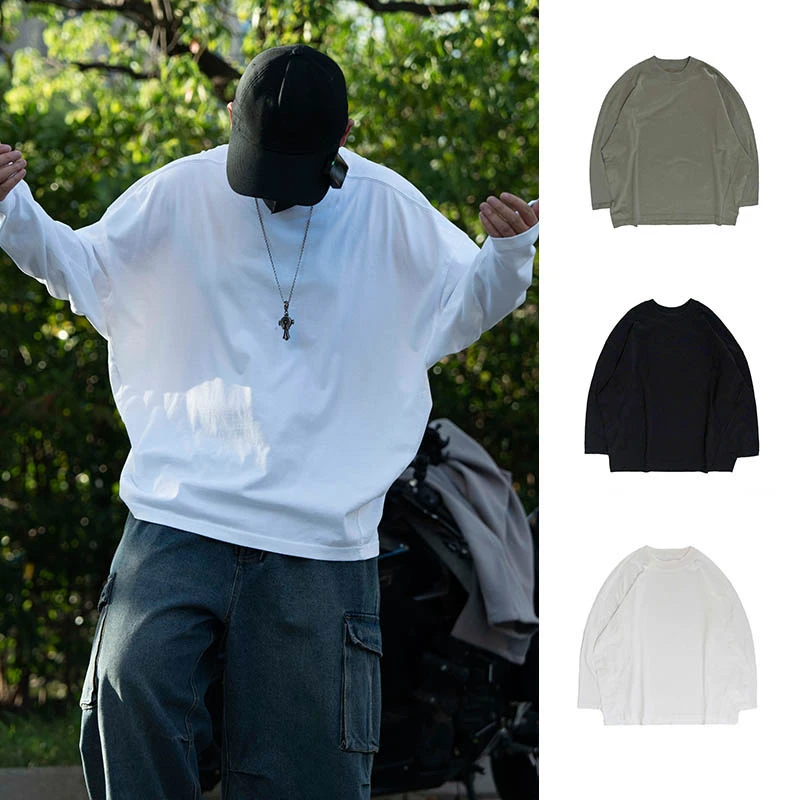 【重磅280g蝙蝠袖长袖T恤】街潮男女茧型圆领百搭廓形落肩体恤6763