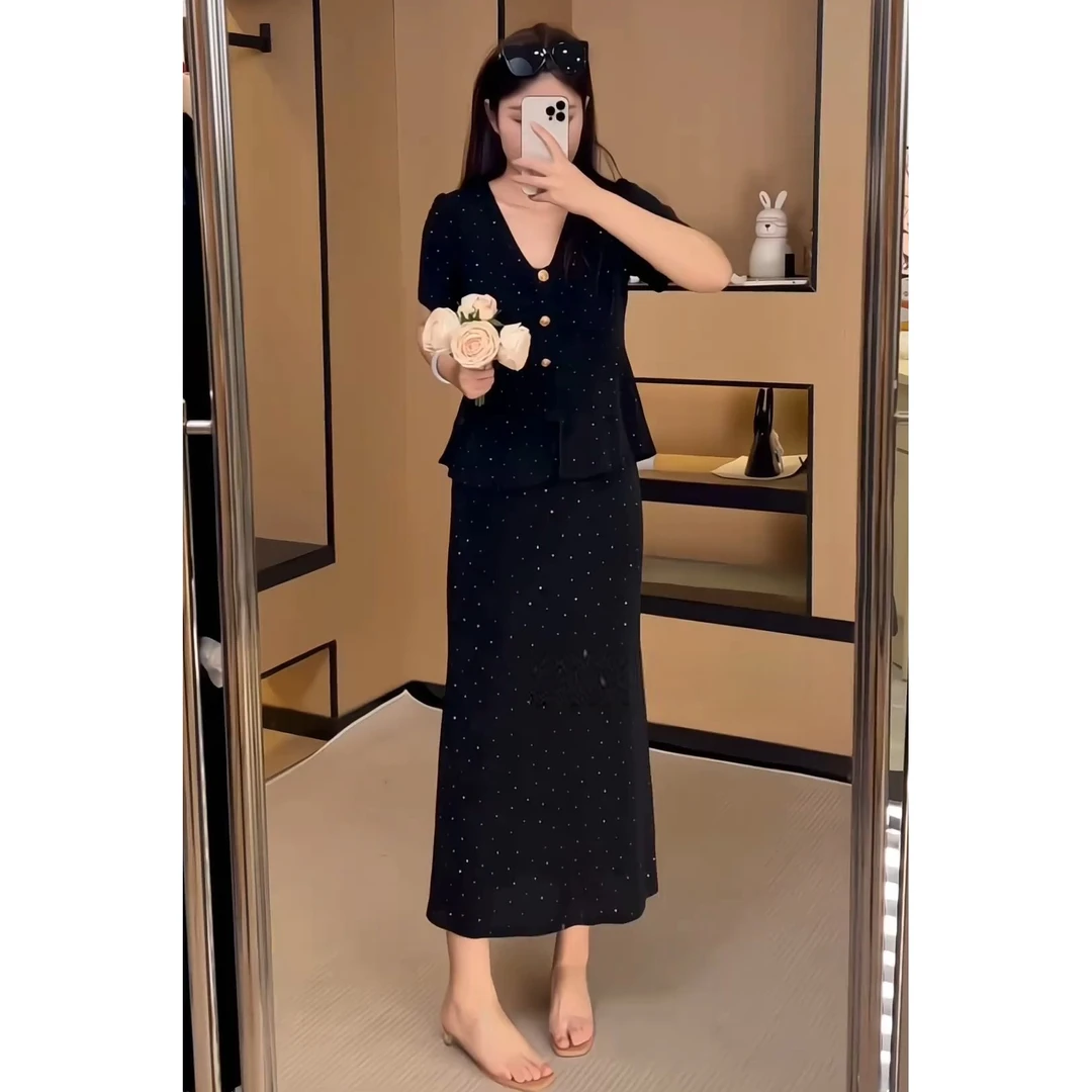 2025夏季新款时尚法式设计感重工烫砖短袖上衣半身裙子两件套装女