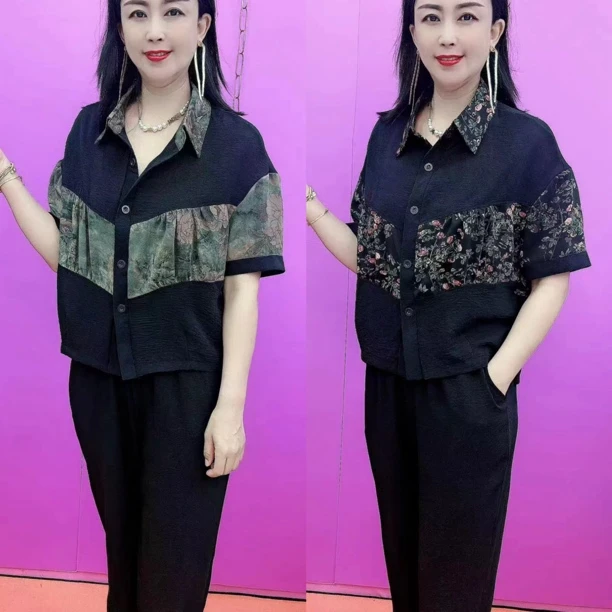 <直播同价>时尚拼接款中年女套装(上衣+裤子)