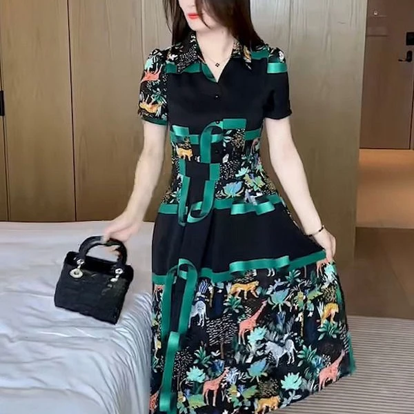 2025年显瘦连衣裙气质百搭大码减龄Q女士夏季翻领短袖中长裙休闲