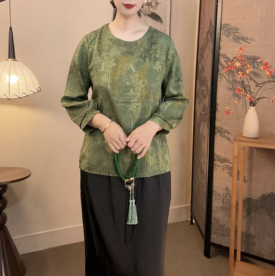 10【竹报平安】圆领长袖印花休闲风青枝绿叶衬衫网红提花小衫1780