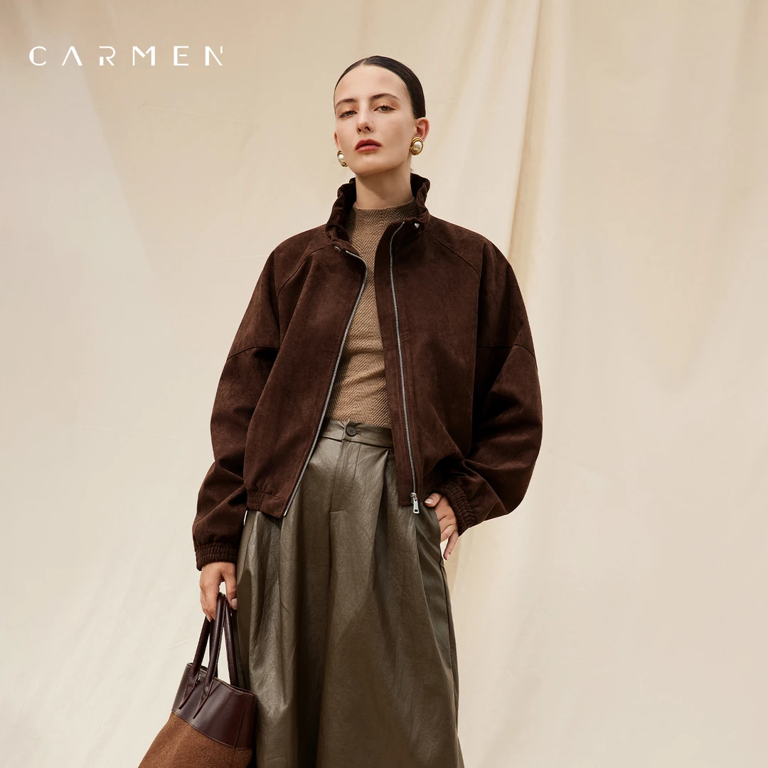 卡蔓高端麂皮绒夹克女2025秋季新品高级感复古OL气质休闲外套短款
