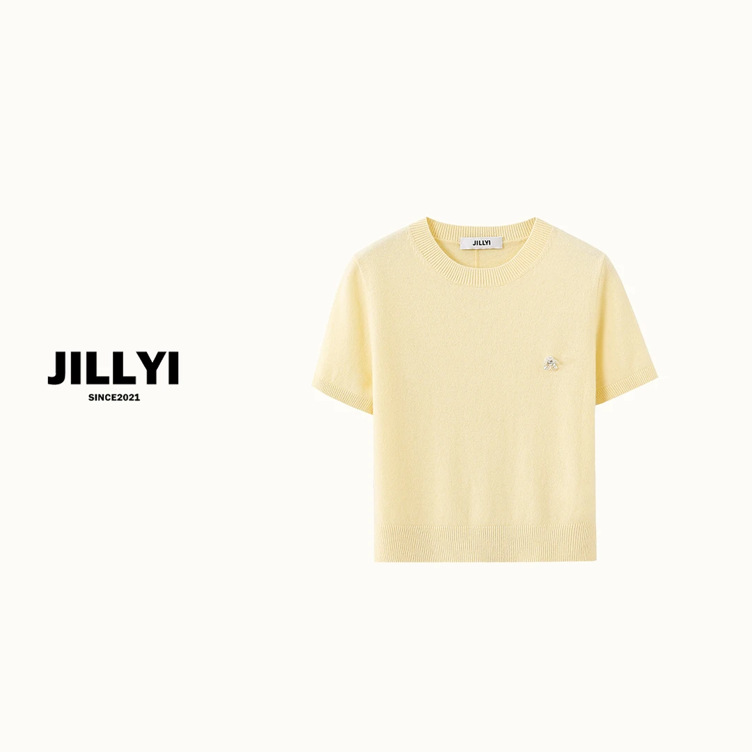 JILLYI【杏仁浅黄】浅黄色圆领纯色简约百搭针织上衣长袖韩版时尚