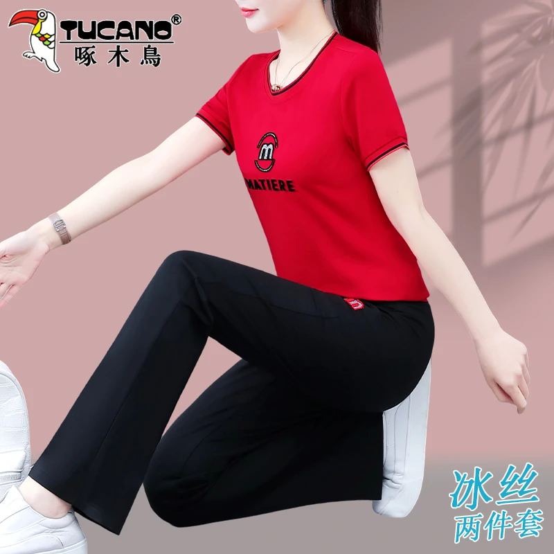 啄木鸟运动套装女夏2025新款宽松洋气女士圆领冰丝短袖休闲跑步服