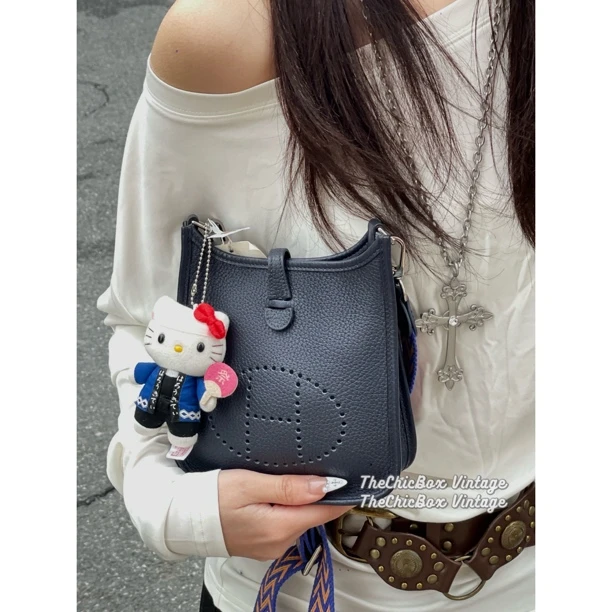 99新 Hermes/爱马仕 只盒/Hermes Mini Evelyne午夜蓝z刻单肩包