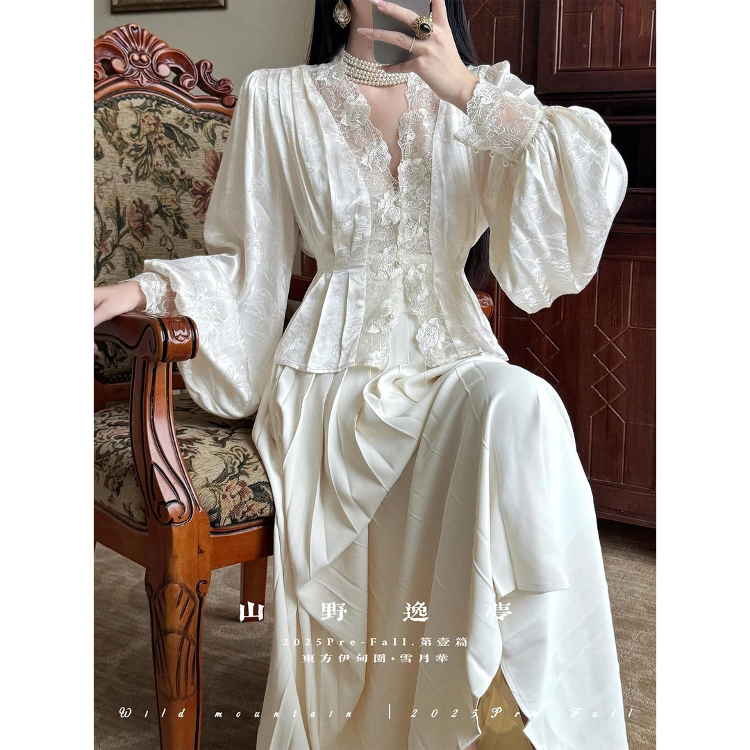 「雪月」山野逸梦原创法式蕾丝灯笼袖覆古收腰V领提花衬衣外套