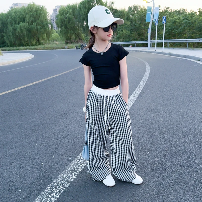 女童弯刀格子裤2025夏季新款中大童女孩宽松垂感阔腿夏款休闲裤潮