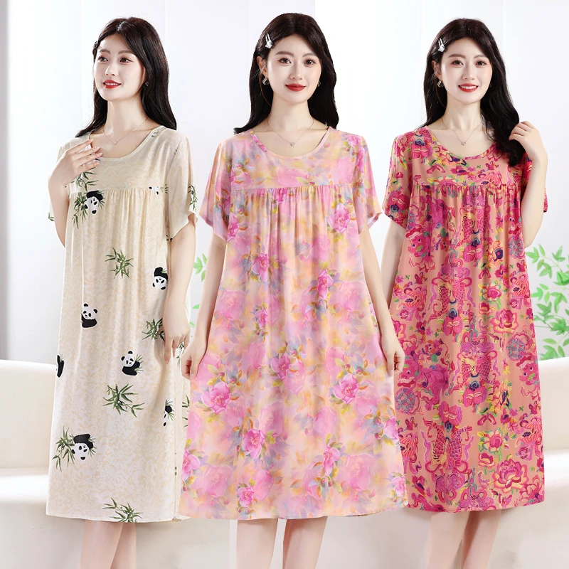 圆领宽松新款2025棉绸睡裙薄款夏季睡衣大码连衣裙外家居服妈妈
