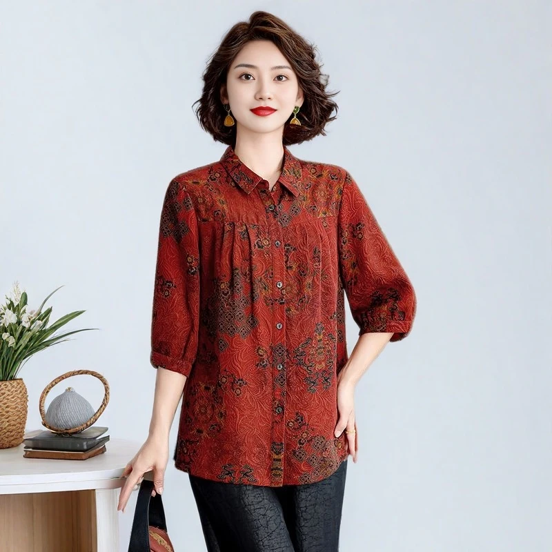 王小鸭2025夏装新款时尚气质国风衬衫中老年女装洋气遮肚显瘦上衣