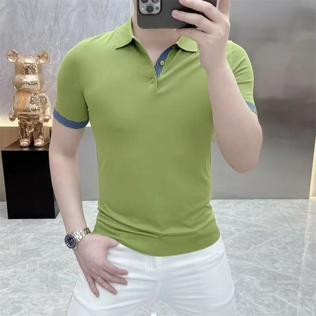 高档欧货针织修身帅气潮流休闲百搭翻领纯色短袖T恤男半袖polo衫