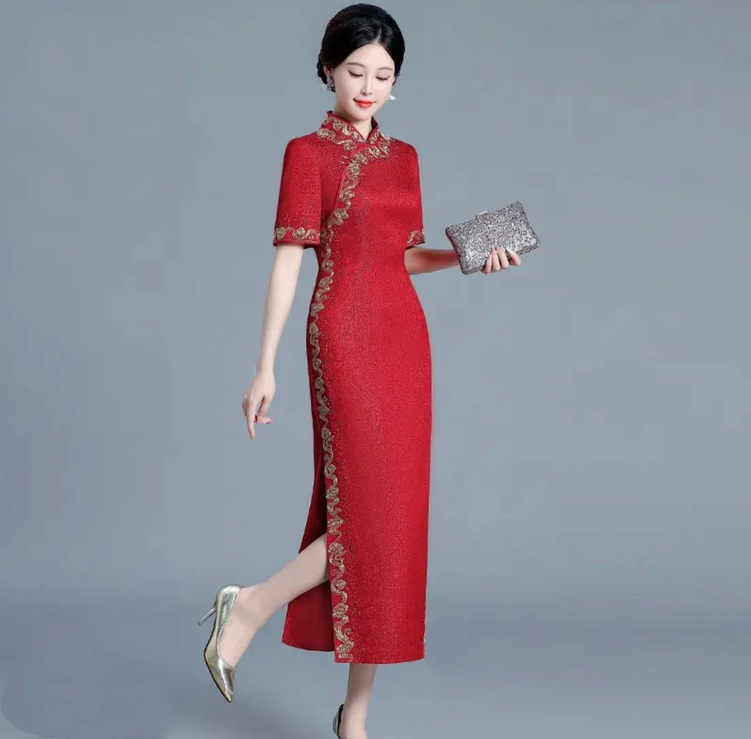 长裙直筒裙提花婚礼高开衩旗袍夏季日常显瘦时尚