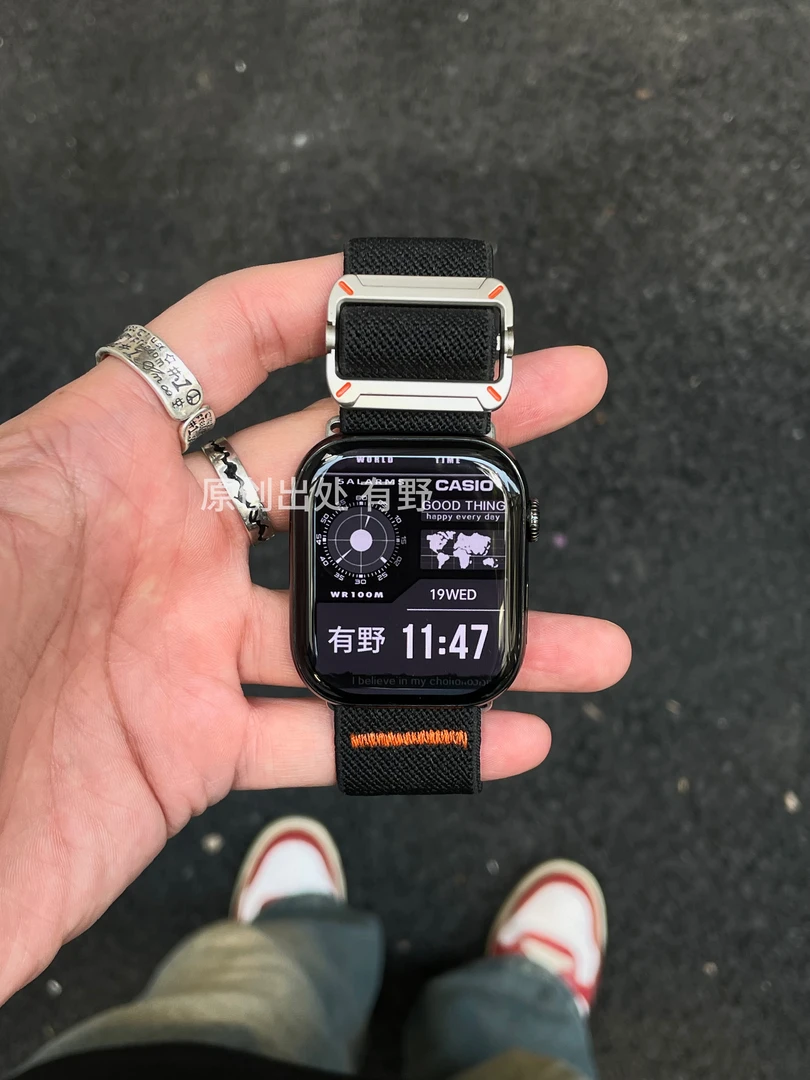 黑色机械编织尼龙滑扣适用苹果手表表带ApplewatchS10987ultra123